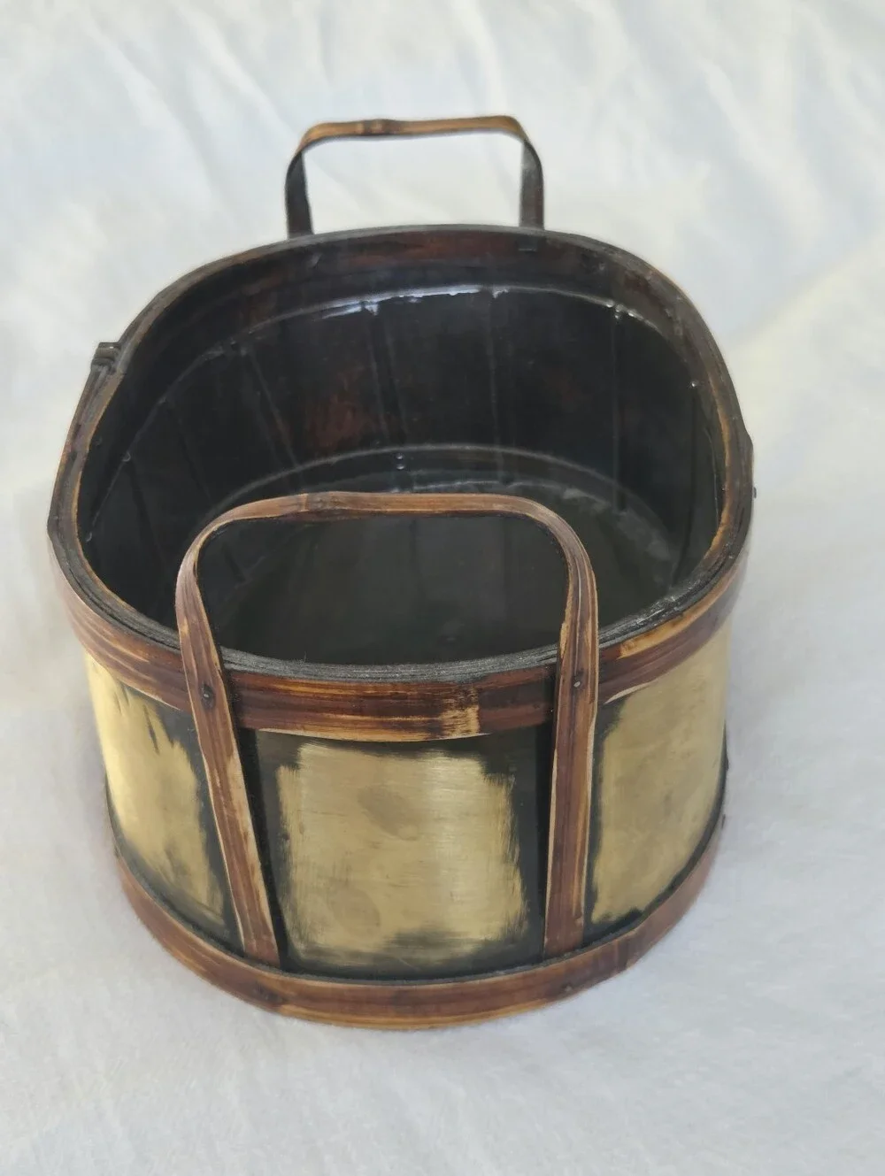 Oval Bamboo & Brass Planter with Handles And Plastic Liner